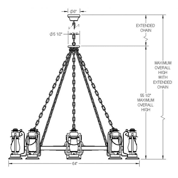 Wagon Wheel Chandelier Pioneer 8 Side Lantern 772-S-58